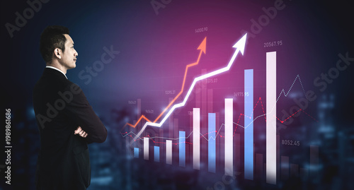Cuadro en lienzo A businessman stands confidently analyzing financial growth through vibrant charts and graphs