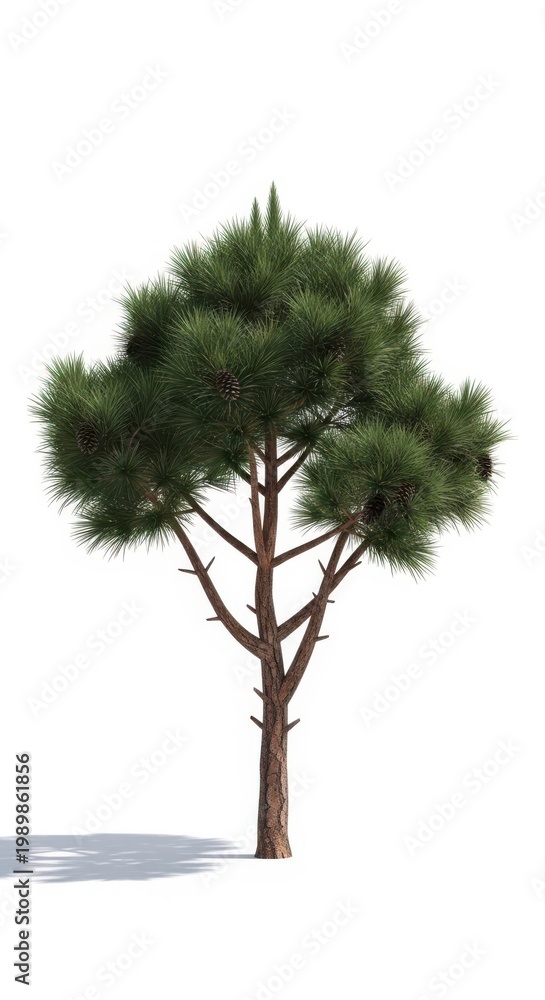 Fototapeta premium Pine Tree Isolated White Background, Evergreen Conifer with Pinecones, Nature Flora