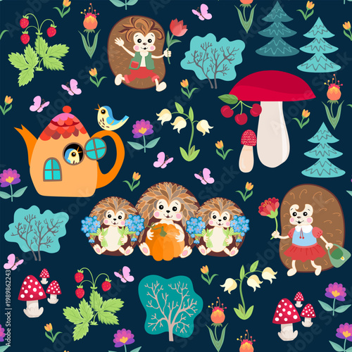 Cute seamless pattern with hedgehogs, house from teapot, trees, mushroomd, fl...