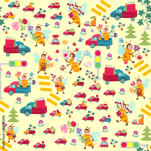 Seamless pattern with transport in bee town. Colorful childish design with bee characters and trucks with different cargo. 