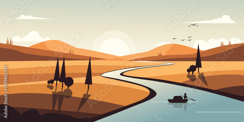 Serene desert landscape with winding river and distant mountains