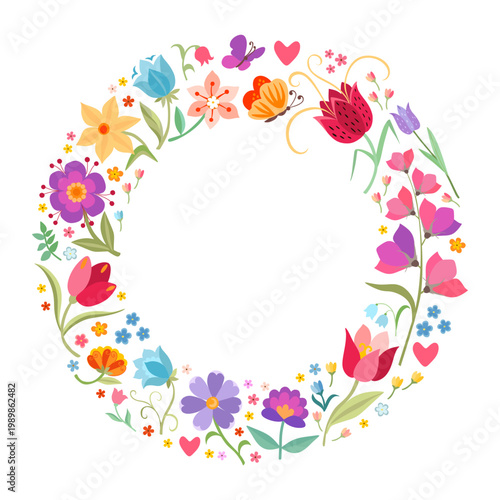 Floral round frame. Beautiful wreath with summer flowers and butterflies isolated on white background. Vector design