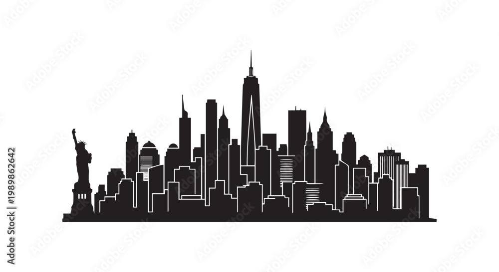 Fototapeta premium New York City skyline silhouette with Statue of Liberty, vector illustration.