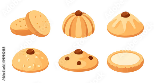 cookie set, round cookies, biscuit collection, sweet dessert, baked cookies, chocolate chip cookie, sugar cookie, bakery treats, snack food, dessert illustration, food vector, cookie icons, pastry des