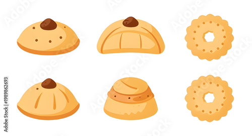 cookie set, round cookies, biscuit collection, sweet dessert, baked cookies, chocolate chip cookie, sugar cookie, bakery treats, snack food, dessert illustration, food vector, cookie icons, pastry des