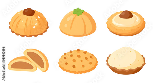 cookie set, round cookies, biscuit collection, sweet dessert, baked cookies, chocolate chip cookie, sugar cookie, bakery treats, snack food, dessert illustration, food vector, cookie icons, pastry des
