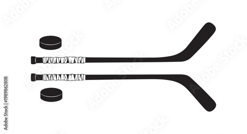 Pair of hockey sticks and two pucks in black silhouette, depicting ice hockey sport equipment.