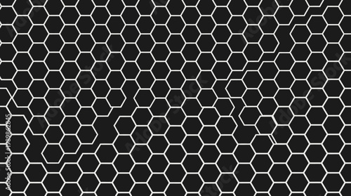 A black background with a pattern of white hexagons arranged in a honeycomb design.