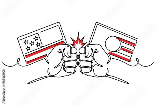 Two fists gripping flags in a display of conflict or competition between districts.
