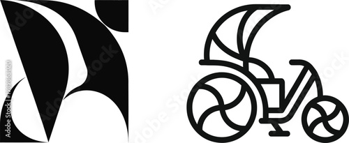 Traditional rickshaw vector icons, black and white cycle taxi illustrations, minimalist tricycle transport silhouettes for travel branding