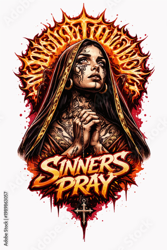 Gothic Streetwear Graphic of Praying Woman with Sinners Pray Typography