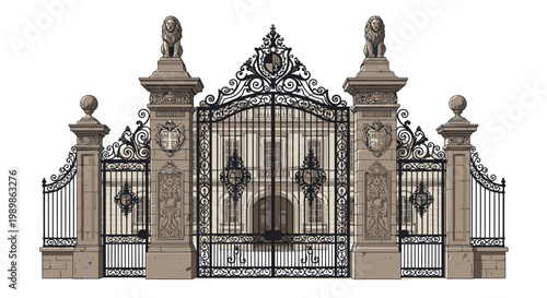 Ornate Wrought Iron Gates and Stone Pillars Entranceway