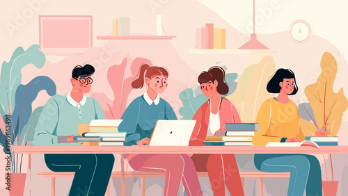 Diverse group of students studying together at a table with books and laptops