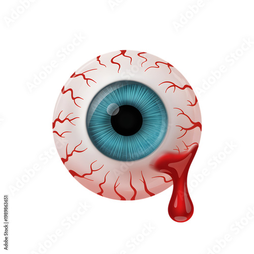 3d illustration of a human eye with detailed blood vessels and a teardrop isolated on transparent background