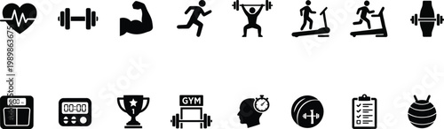 A comprehensive set of professional black silhouette fitness icons for sports branding gym marketing exercise tracking and wellness app interface design.