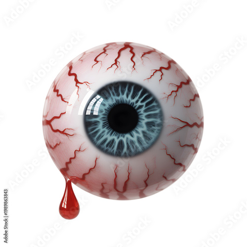 Realistic human eye with bloodshot veins and teardrop isolated on transparent background