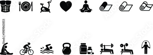 Fitness and Wellness Icon Set for 2026 Sports Branding Gym App UI Design Featuring Workout Exercise Health Nutrition and Active Training Graphics