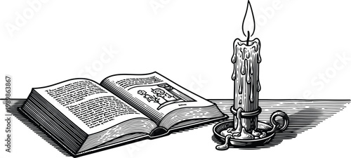 Quadro su tela Antique candle holder illuminating an open book with detailed illustrations and