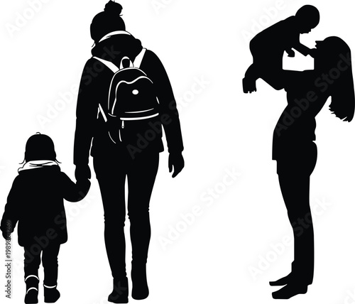 Mother Walking Child Baby Silhouette Vector Black Family Parenting Love Design