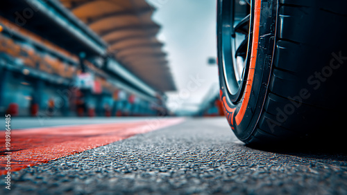 Low angle view of racing car tires with orange lines on asphalt track.
