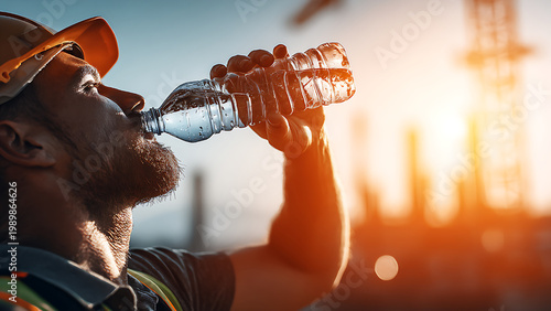 Construction workers in orange helmets drink from water bottles on a sunny construction site.