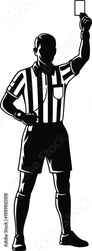 Professional sports referee in a striped shirt holding up a white penalty card illustration.