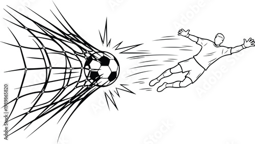 Dynamic sketch of a soccer ball hitting the goal net as a goalkeeper dives in vain