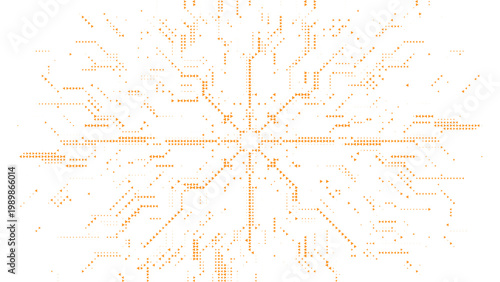 Orange triangle halftone symmetrical mandala pattern, abstract vector snowflake design with geometric particles, creative digital background for warm tech themes and modern aesthetics
