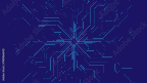 Dark blue triangle halftone symmetrical tech pattern, abstract vector design with glowing geometric particles, creative background for gaming, futuristic themes, and cyber security