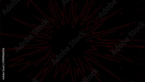 Red halftone dot zoom burst background on black, creative speed line effect for high energy action, modern vector design for gaming banners, fast motion, and dynamic power concepts