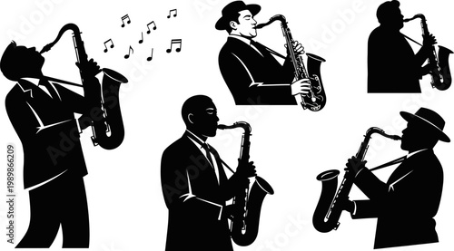 set of silhouettes of men playing saxophone in different poses and styles on white background