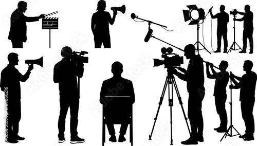 Silhouette of people working in film and television production with various equipment  camera crew at work