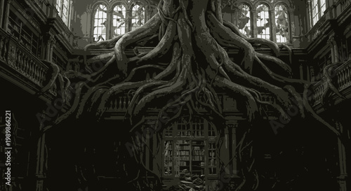 Ancient Library Overrun by Nature, Roots Entangling Bookshelves