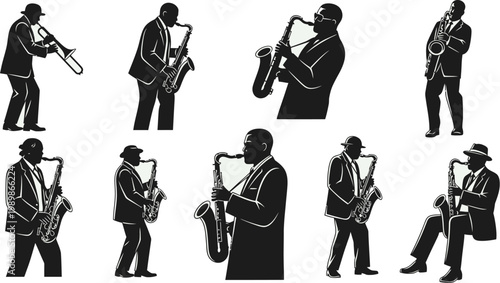 set of silhouettes of jazz musicians playing saxophone and trumpet on white background