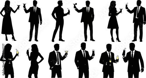 Silhouettes of people in business attire holding cocktails and drinks isolated on white background