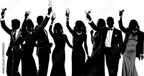 silhouette of group of people in formal wear cheering with cocktail glasses  isolated on transparent background
