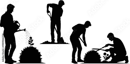 Silhouette of people gardening and working in the yard with plants and tools  gardening activities