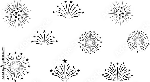 fireworks explosion icons in black and white for celebration decoration  sparklers and starbursts