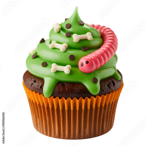 Halloween monster cupcake with green icing, candy teeth, and gummy worm isolated on transparent background