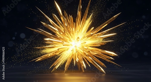 Abstract Golden Crystal Explosion with Shimmering Dust and Sharp Geometric Spikes