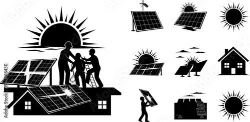 Solar energy system installation and components icons set for renewable power generation
