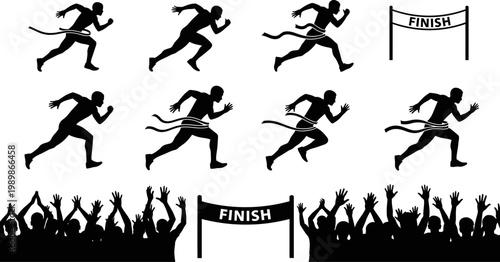 Tableau sur toile Black silhouettes of runners and cheering crowd at the finish line in various ru
