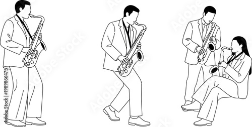 line drawing of people playing saxophone in various poses and positions