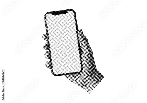 Trendy retro halftone hand holding smartphone art collage on transparent background