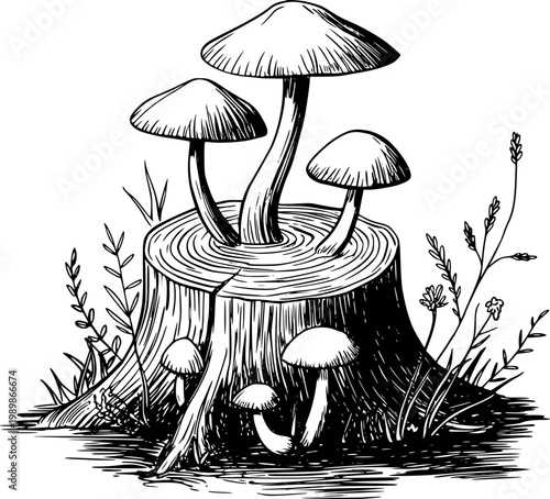 Hand-drawn black and white of mushrooms growing a tree stump with grass fungus nature