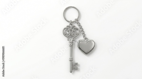 Vintage silver skeleton key with heart charm keychain, ornate metal key for romantic gift or wedding favor, antique style jewelry on white background