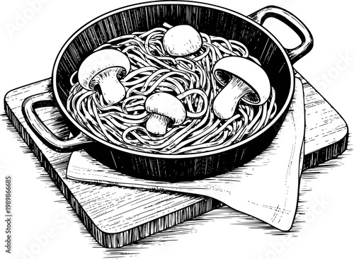 Hand-drawn black and white of spaghetti with mushrooms in a skillet a cutting board
