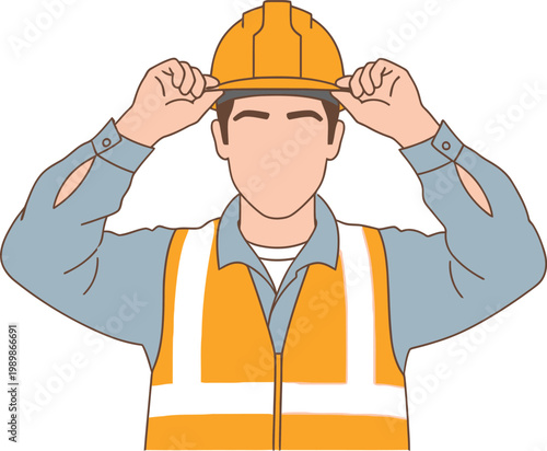 Construction worker adjusting hard hat isolated on transparent background