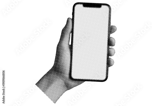 Trendy retro halftone hand holding smartphone art collage on transparent background
