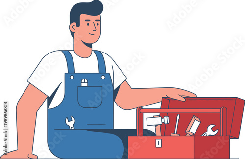 Handyman with toolbox isolated on transparent background vector illustration